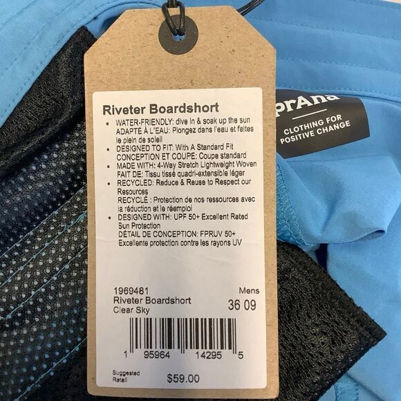 prAna Size 36 Clear Sky 9” Riveter Boardshort Swimming Trunks Drawstring J17-19 - Picture 9 of 10